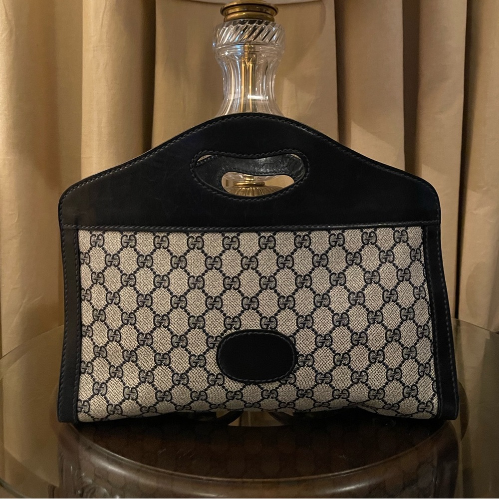 Vintage 1970s Gucci Archival GG Supreme Cutout Handle Wine Tote Clutch
